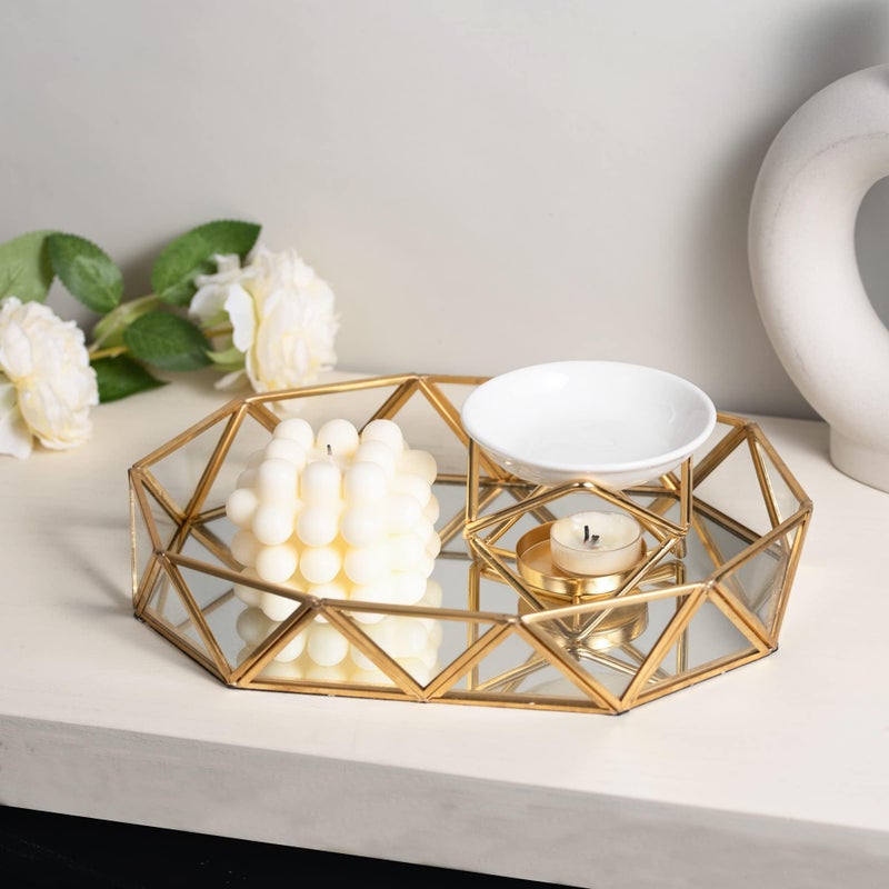 Feyarl Gold Glass Perfume Tray Mirror Vanity Jewelry Trinket Organizer Tray Ornate Cosmetic Makeup Display Geometric Shape Decorative Tray for Bathroom Home Decor Dresser Tabletop Countertop (11inch) - Image 4